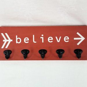 Red BELIEVE Arrow Black Metal Hanging Hooks 13 x 5